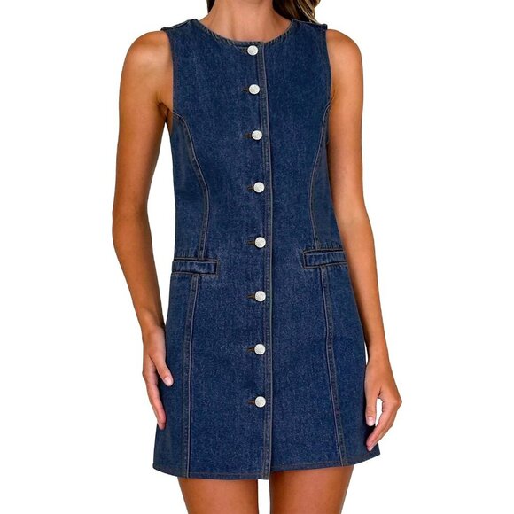 Dresses & Skirts - Women's Sleeveless Denim Dress Medium Casual Summer Mini with Pockets